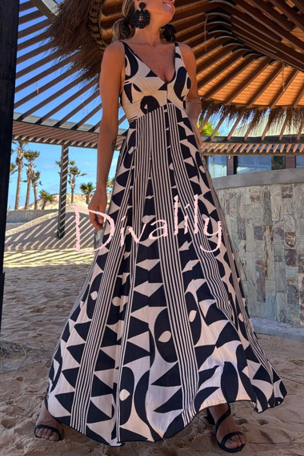 Sabine Geometric Print V-Neck Back Smocked A-line Maxi Dress