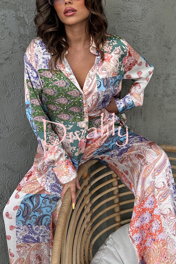 Unique Ethnic Print Long-sleeved Shirt and Elastic Waist Pants Set