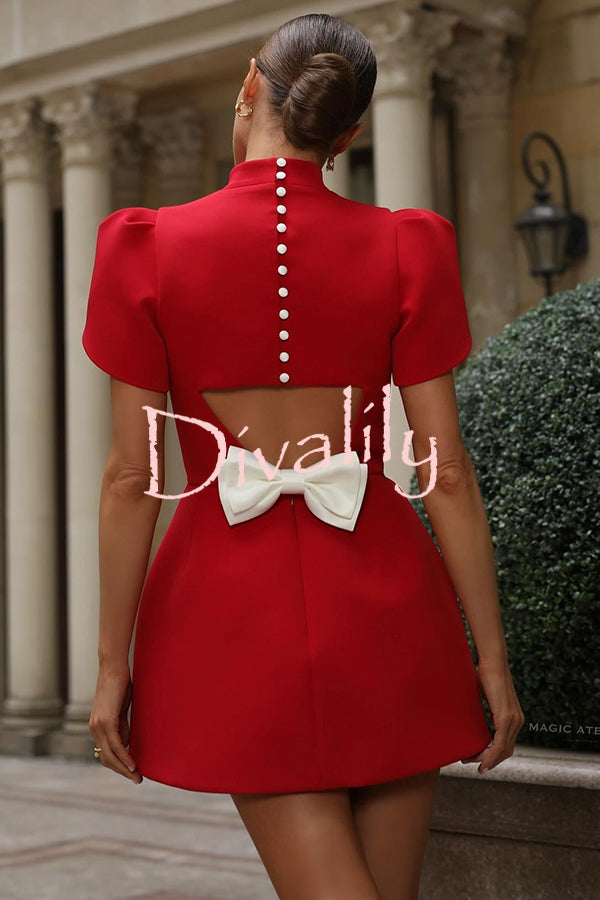 Sweet Moment Slit Short Sleeve Backless Removable Satin Bow Mini Dress