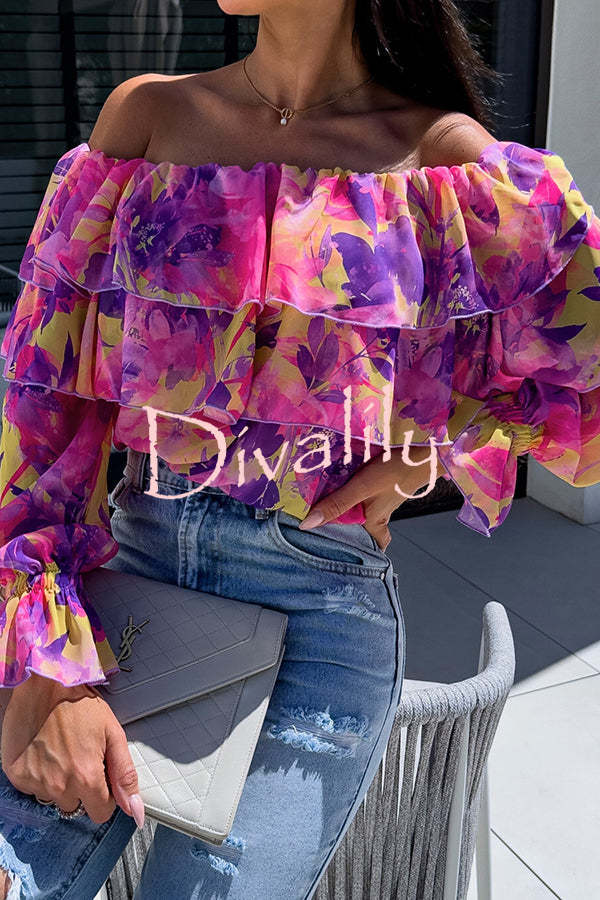 Colorful Botanical Print Sexy Off-shoulder Ruffle Top