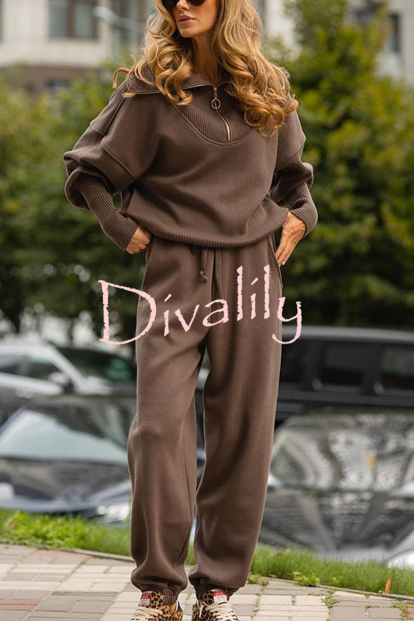 Solid Color Long-sleeved Zip-up Sweatshirt and Elastic Waist Loose Pocket Pants Set