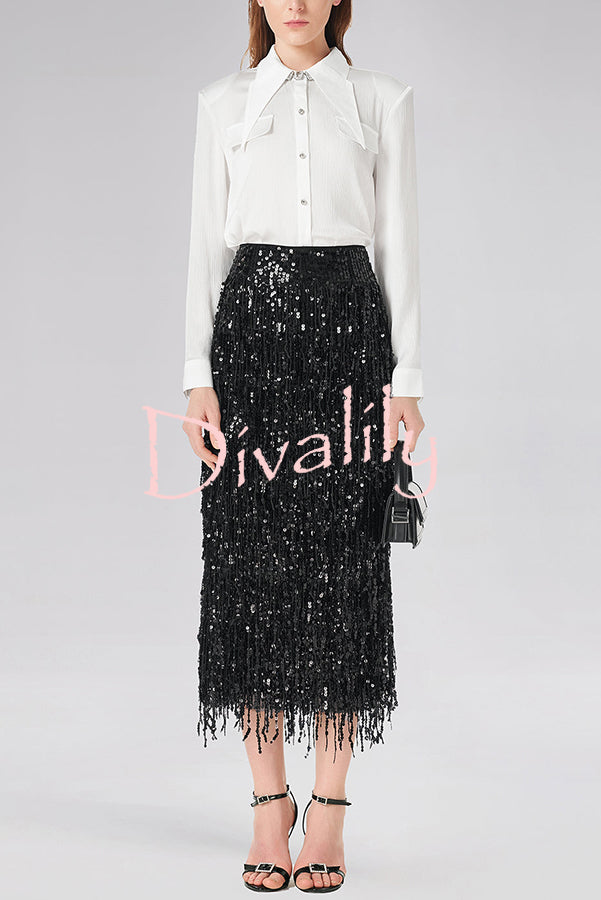 Evening Charm Layered Sequined Tassels High Rise Back Zipper Slit Midi Skirt