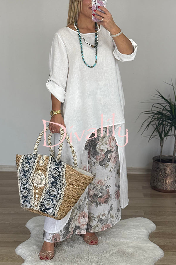 Linen Blend Crew Neck Long Sleeve Irregular Loose Top and Elastic Waist Floral Print Casual Pocket Set