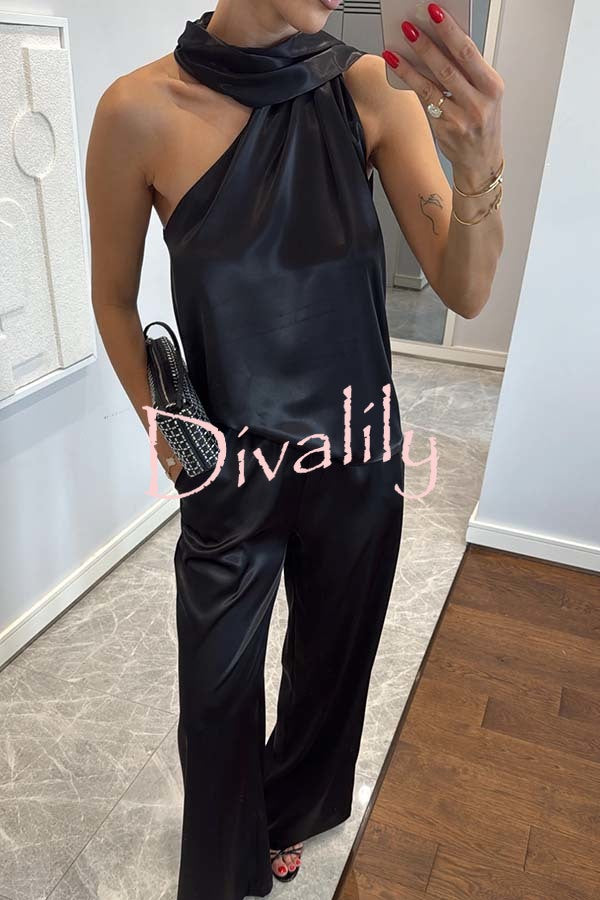 Kelson Satin Drape Neck One Shoulder Top and Elastic Waist Pocket Loose Pants Set
