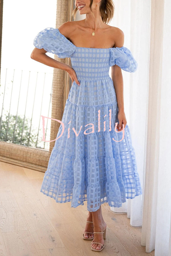 Solid Color Off-shoulder Lantern Sleeve Patchwork Midi Dress