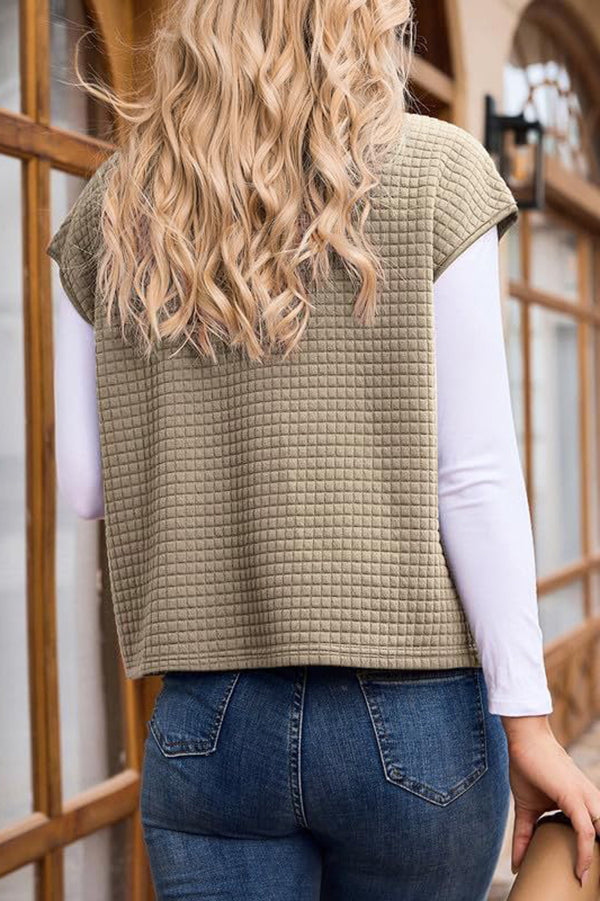 Solid Waffle Sleeveless Zipper Pocket Casual Vest