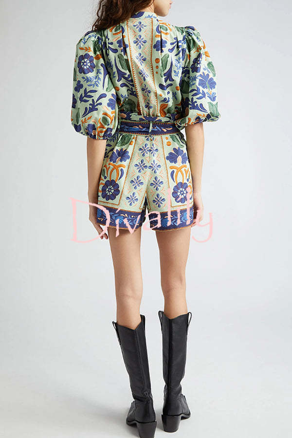 Elouise Linen Blend Unique Print Button Puff Sleeves Tie-up Pocketed Romper