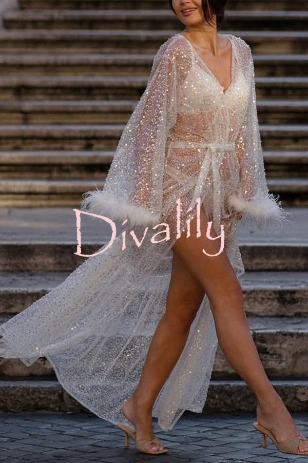 Fashionable Sequined Feather Long-sleeved Vacation Loose Extra-long Sun Protection Cover-up