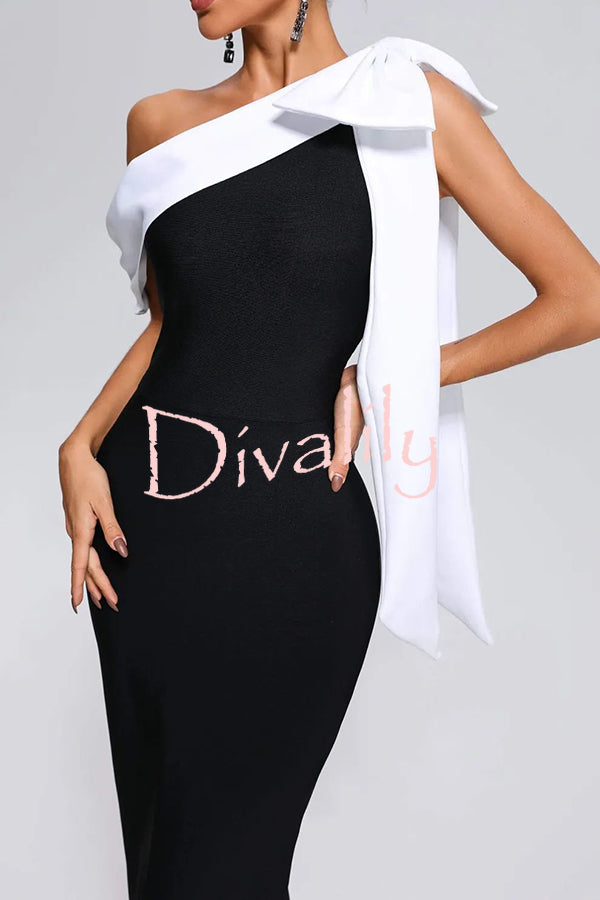 Elegant Evening Look One Shoulder Bandage Bow Stretch Midi Dress