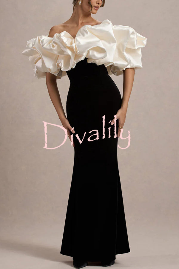 Cecily Velvet Off Shoulder Satin Structured Bardot Neck Stretch Maxi Dress