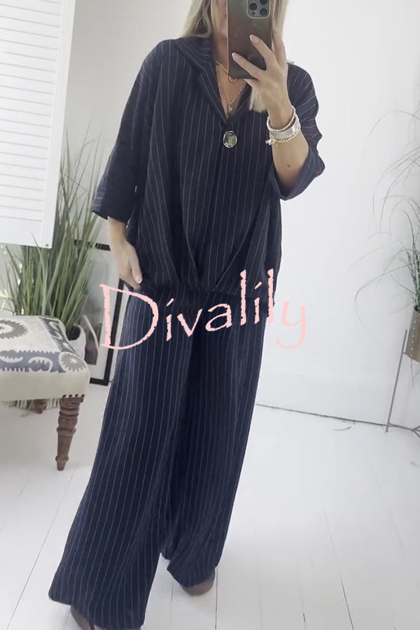 Fashion Striped Print Lapel Loose Top and Elastic Waist Casual Wide-leg Pants Set