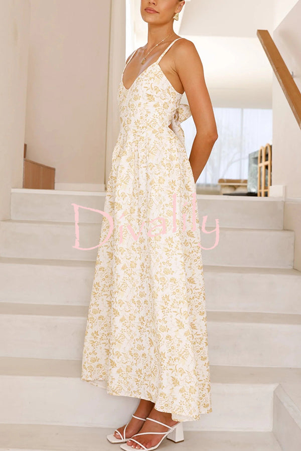 Floral Print V-Neck Sleeveless Back Tie Pocket Maxi Dress