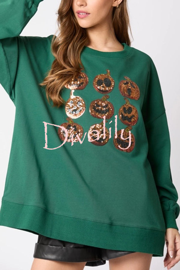 Halloween Pumpkin Sequin Loose Casual Sweatshirt