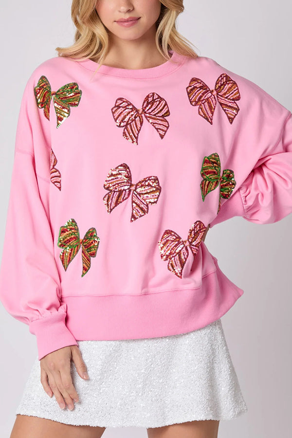 Christmas Bow Sequin Loose Casual Long Sleeve Sweatshirt