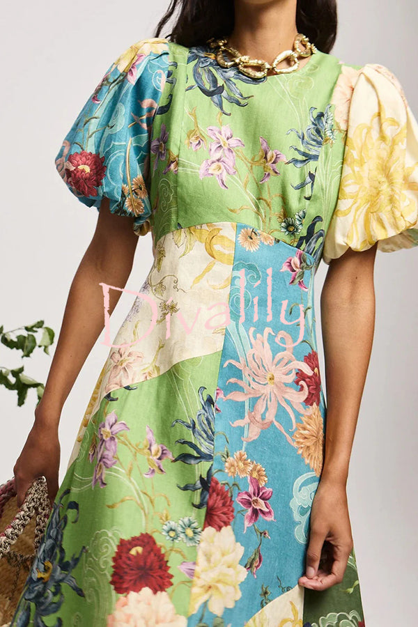 Floral Print Round Neck Puff Sleeve Casual Midi Dress