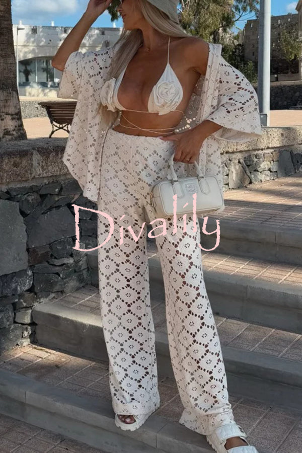 Holiday Crochet Flowers Lace Short Sleeve Shirt and Elastic Waist Wide Leg Pants Set