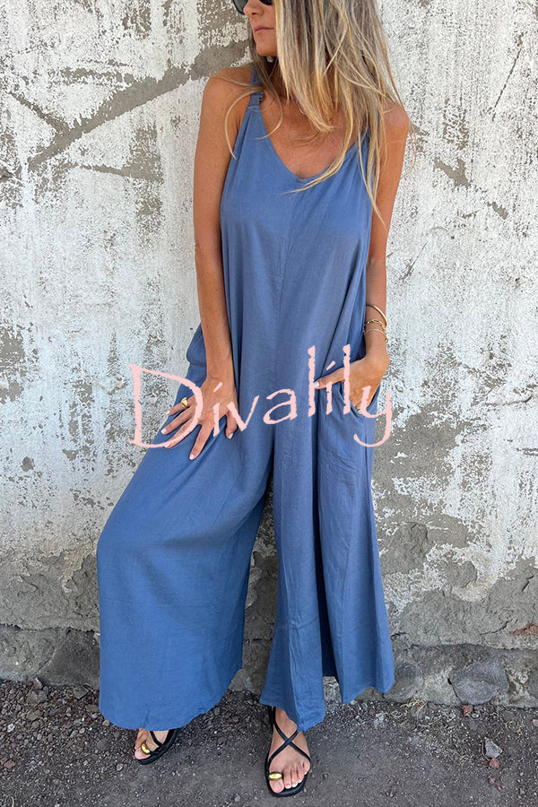 Linen Blend Solid Color Suspenders Loose Pockets Casual Wide-leg Jumpsuit