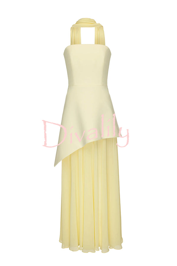 Monaco Off Shoulder Structured Top Chiffon Slit Hem Scarf Maxi Dress