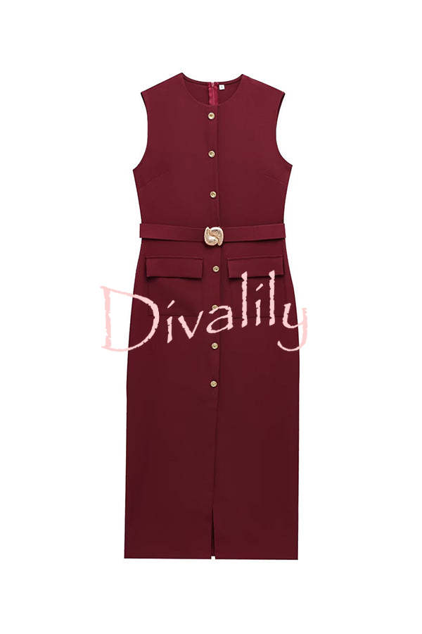 Danina Button Up Sleeveless Metal Belted Pocket Stretch Midi Dress