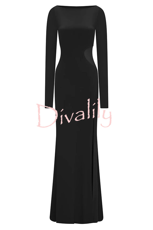 Fashion Long-sleeved Slim Sexy Hollow Slit Maxi Dress