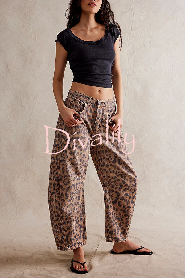 We The Free Denim Leopard Print Mid Rise Pocketed Barrel Jeans