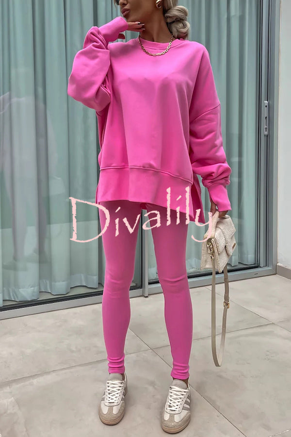 Solid Color Loose Long Sleeve SlitSweatshirt and Elastic Waist Tight Pants Set