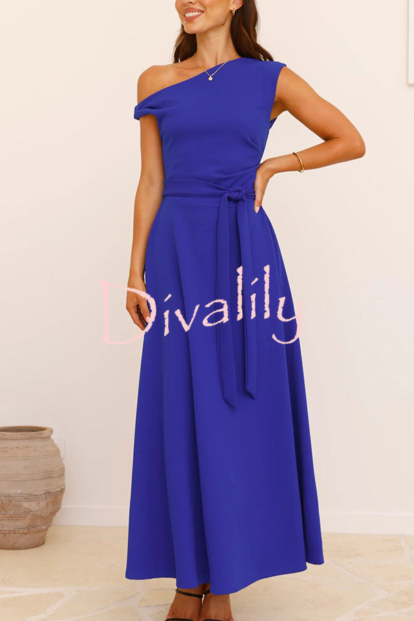Solid Color Sloped Collar Slim Fit Waist Lace Up Full Hem Maxi Dress