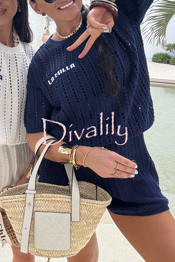 Fashionable Hollow Knit Short-sleeved Top and Elastic High-waist Casual Shorts Set