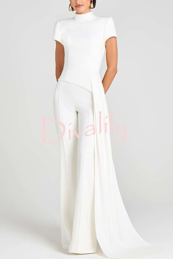 Pippa High Neck Short Sleeve Irregular Drape Hem Top and Elastic Waist Flare Pants Set