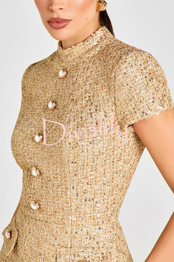 Gold Standard Tweed Fabric Pearl Button Short Sleeve Pocketed Mini Dress