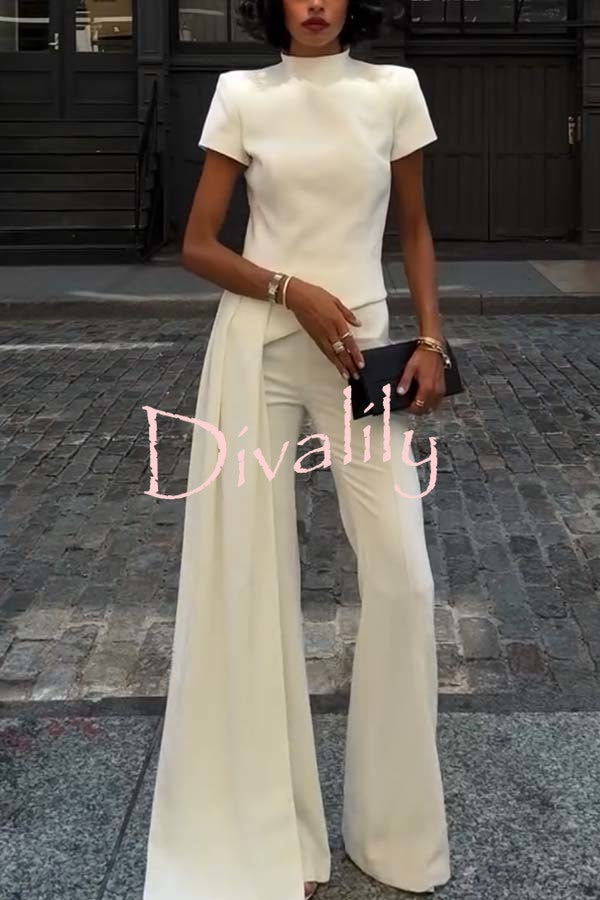 Pippa High Neck Short Sleeve Irregular Drape Hem Top and Elastic Waist Flare Pants Set