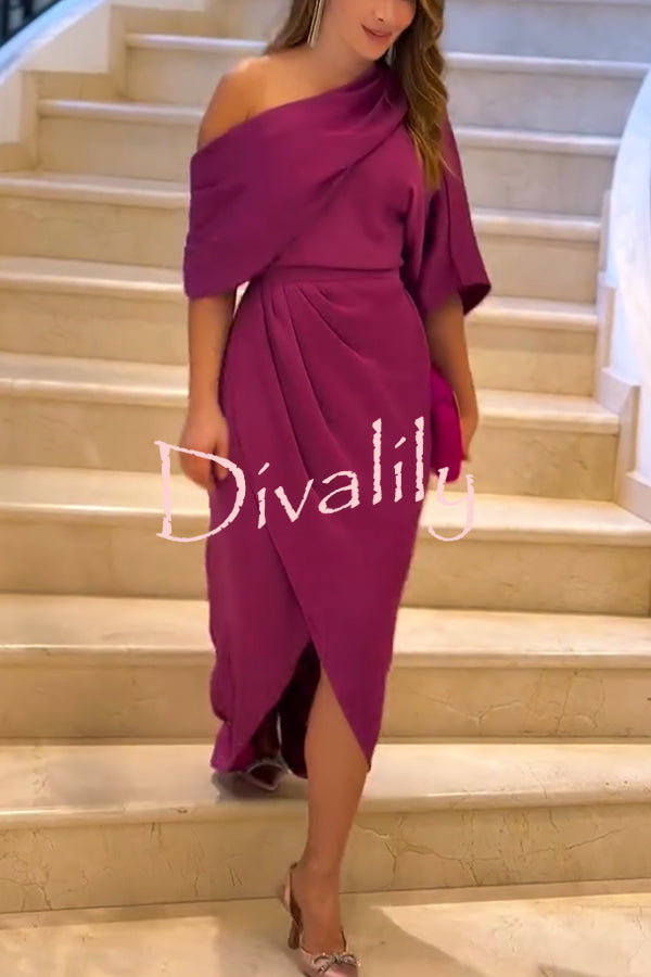 Whispered Yes Satin Irregular Lapel Neckline Design Ruched Maxi Dress