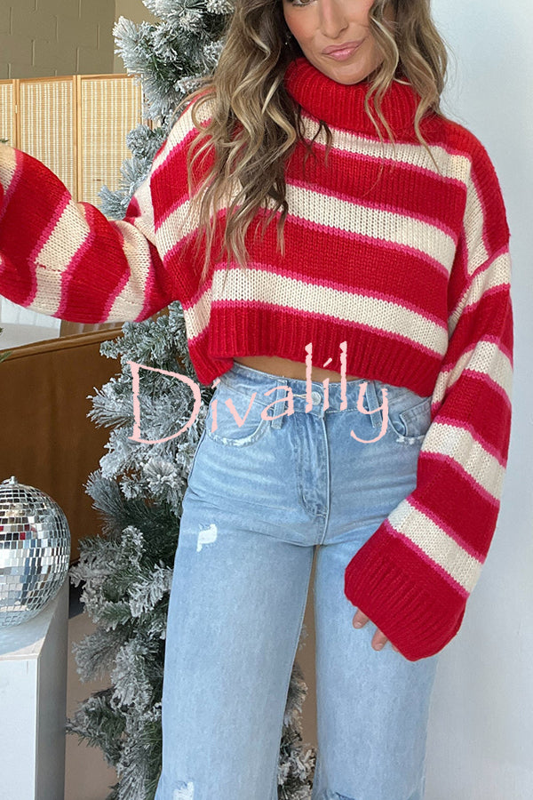 Fashion Striped Turtleneck Long Sleeve Loose Knit Sweater