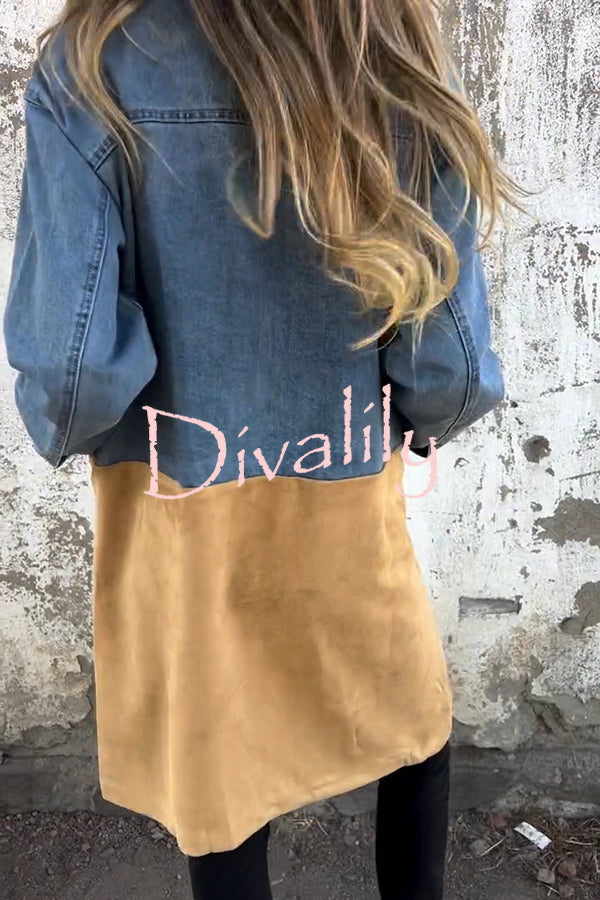 Fashion Lapel Long Sleeve Pocket Mid-length Denim Patchwork Jacket