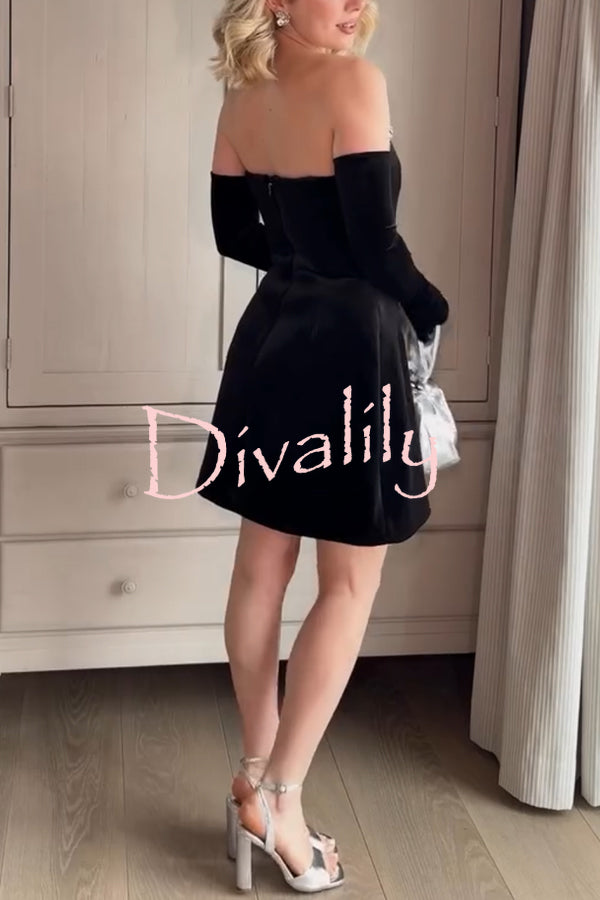 Ines Luxurious Velvet Jewel-encrusted Sweetheart Off Shoulder Neck Tulip Stretch Mini Dress