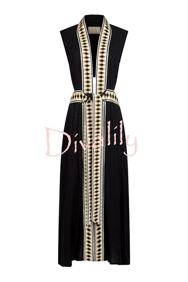 Fashionable Lock-edge Printed V-neck Lace-up Holiday Cover-up Robe