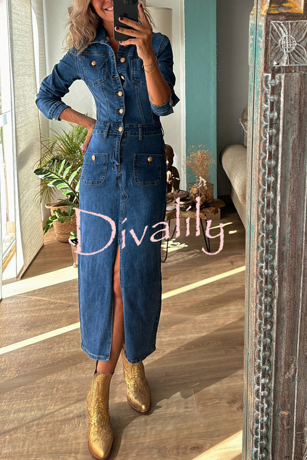 Tessy Denim Metal Button Zipper Shirt Stretch Pencil Slit Midi Dress