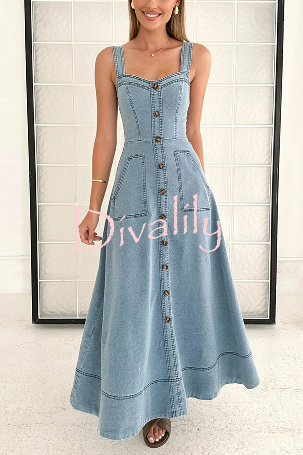 Solid Color Suspender Pocket Button Slim Denim Midi Dress