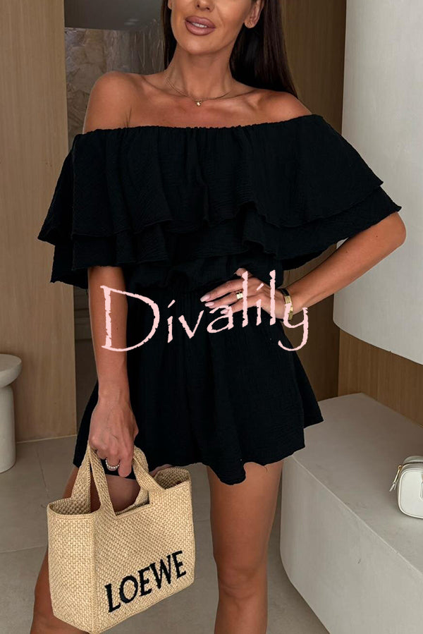 Solid Color Off-shoulder Ruffled Casual Waist Rompers