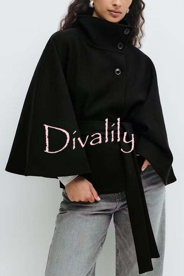 Fashionable Stand Collar Button Waist Tie Loose Cape