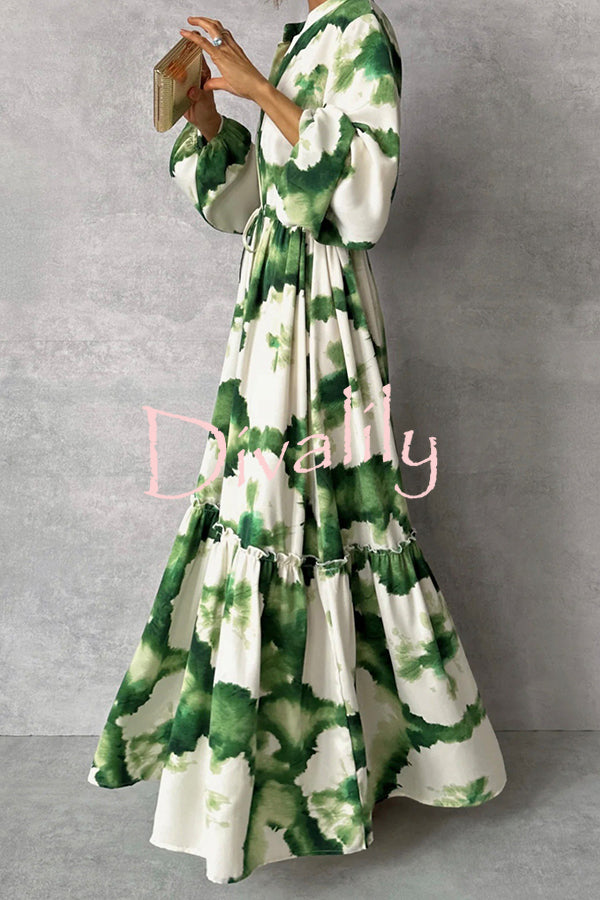 Unique Printed V-neck Long Sleeve Waist Tie-down Maxi Dress