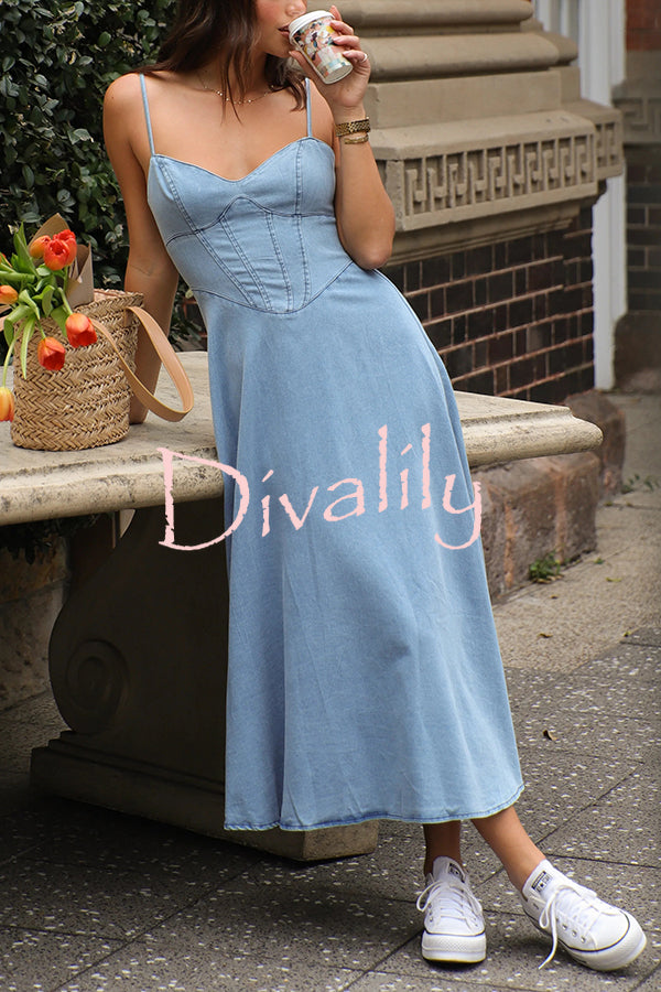 Solid Color Sleeveless Suspender Pleated Back Faux Denim Midi Dress