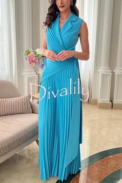 Solid Color Lapel Sleeveless Waist Tie Pleated Wide-leg Jumpsuit
