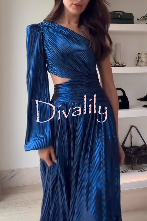 Dazzling Night Metallic Pleated One Shoulder Cutout Balloon Sleeve Gown Maxi Dress