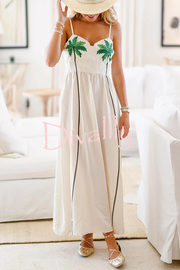 Coconut Tree Print Suspender Backless Large Hem Maxi Dress