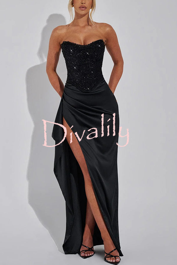 Amazing Dream Sequin Satin Patchwork Off Shoulder Ruffles Drape Slit Maxi Dress