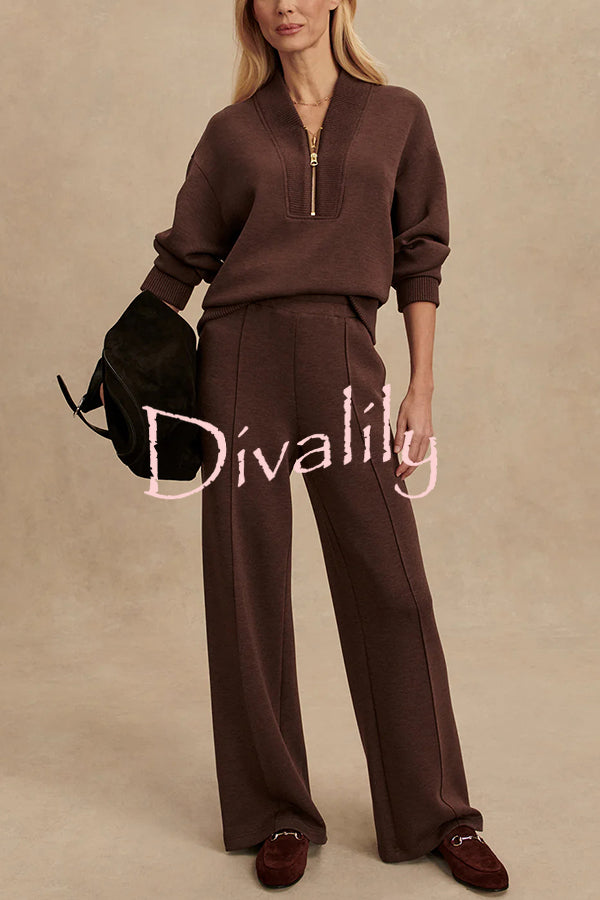 Meet The Autumn Ribbed Zipper Neck Sweatshirt and Elastic Waist Pocketed Loose Pants Set