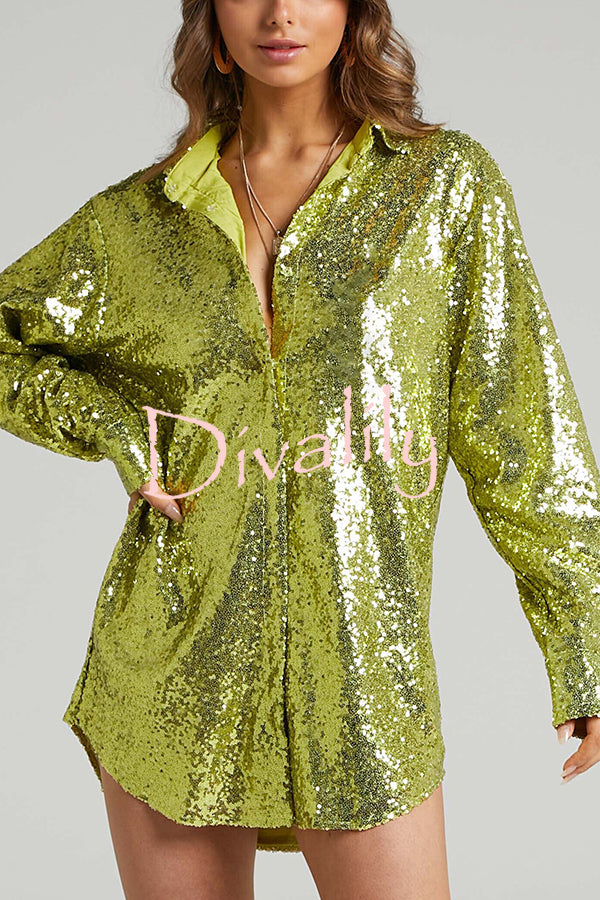 Solid Color Sequined Long-sleeved Casual Mid-length Loose Shirt