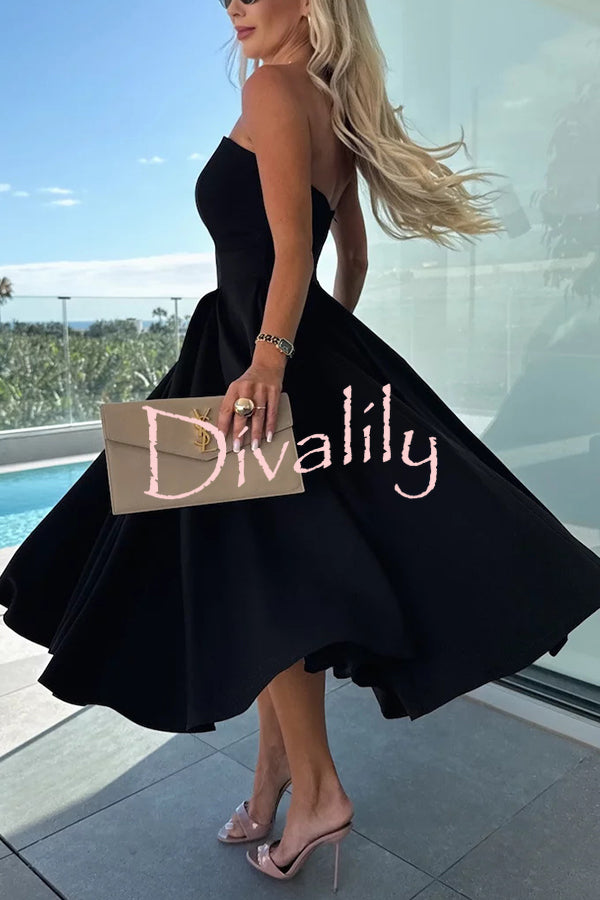 Sweet Cascade Solid Color Off Shoulder Pocket Full Hem Midi Dress