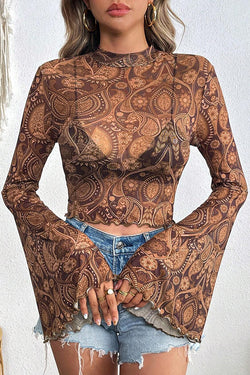 Unique Printed Mesh Trumpet Sleeve Slim Fit Top